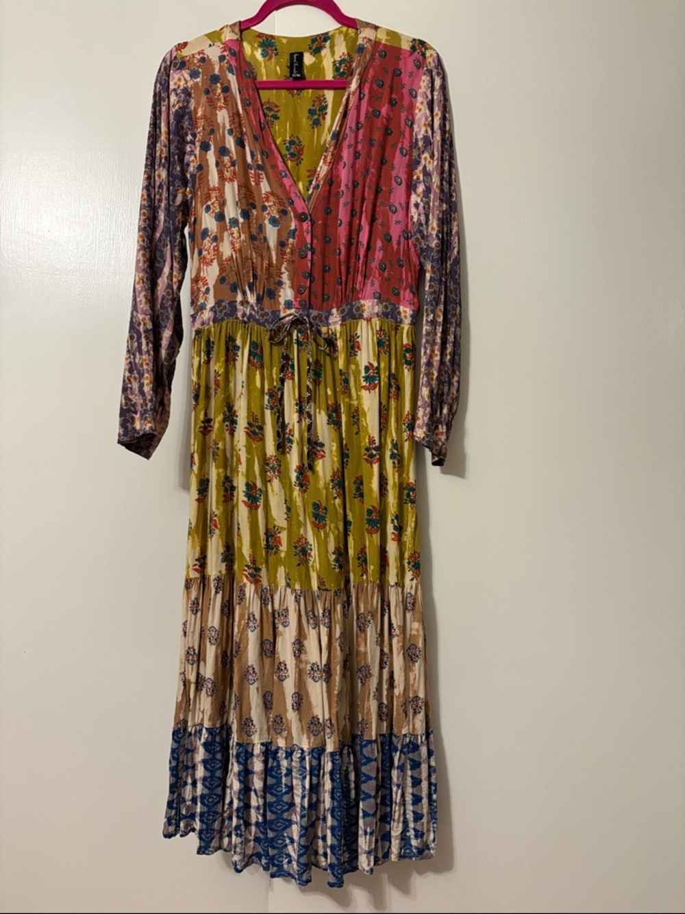 Sacred Threads Multicolor Patchwork Maxi Dress in Pink, Olive, Cream & Navy